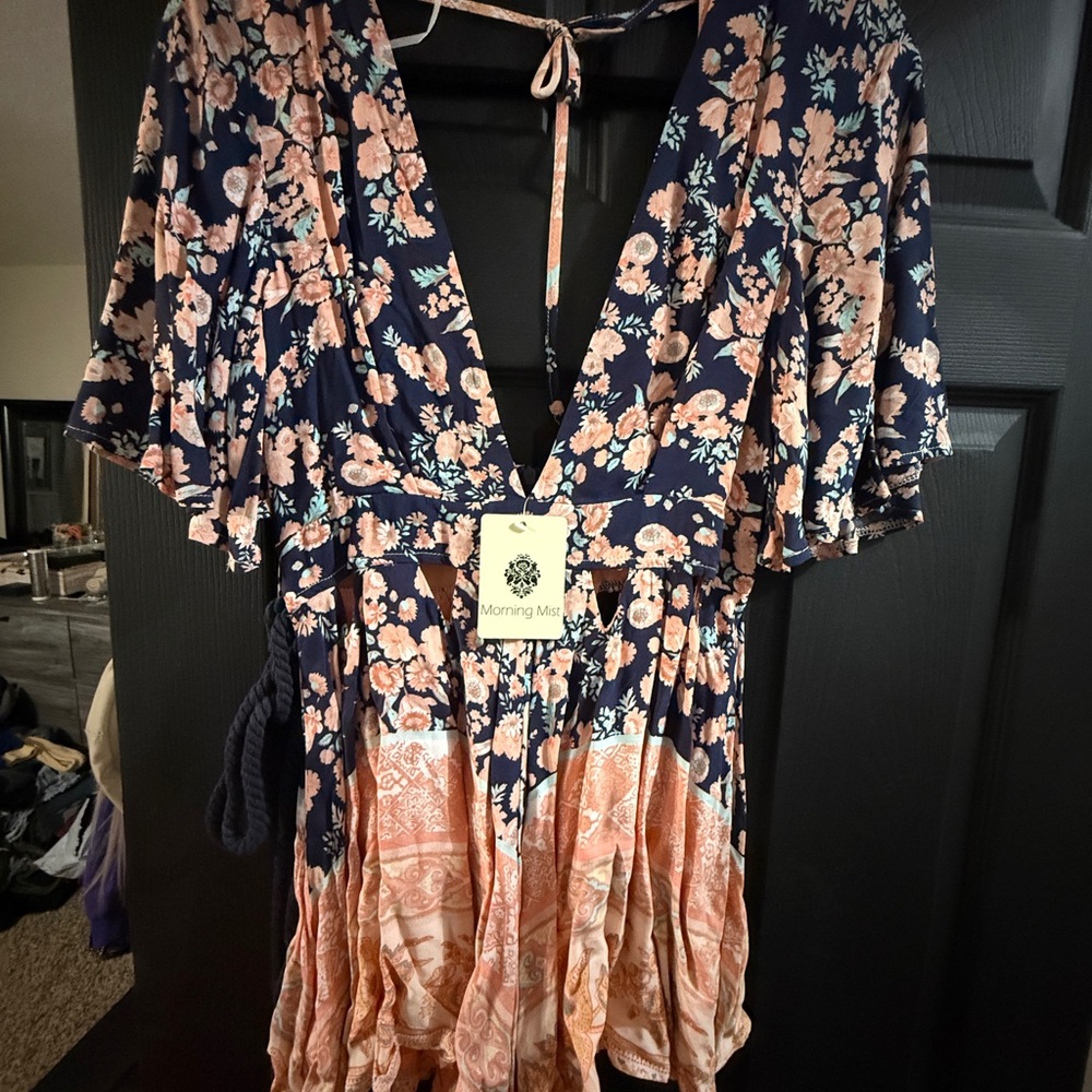 Morning Mist Floral V-Neck Blouse - Navy and Peach